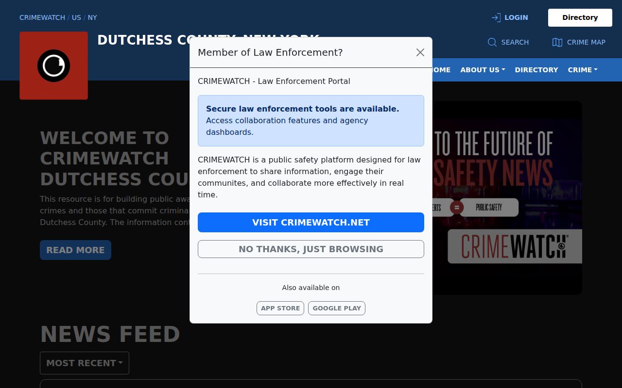 Dutchess County local crime-news platform interface for arrest and case posts