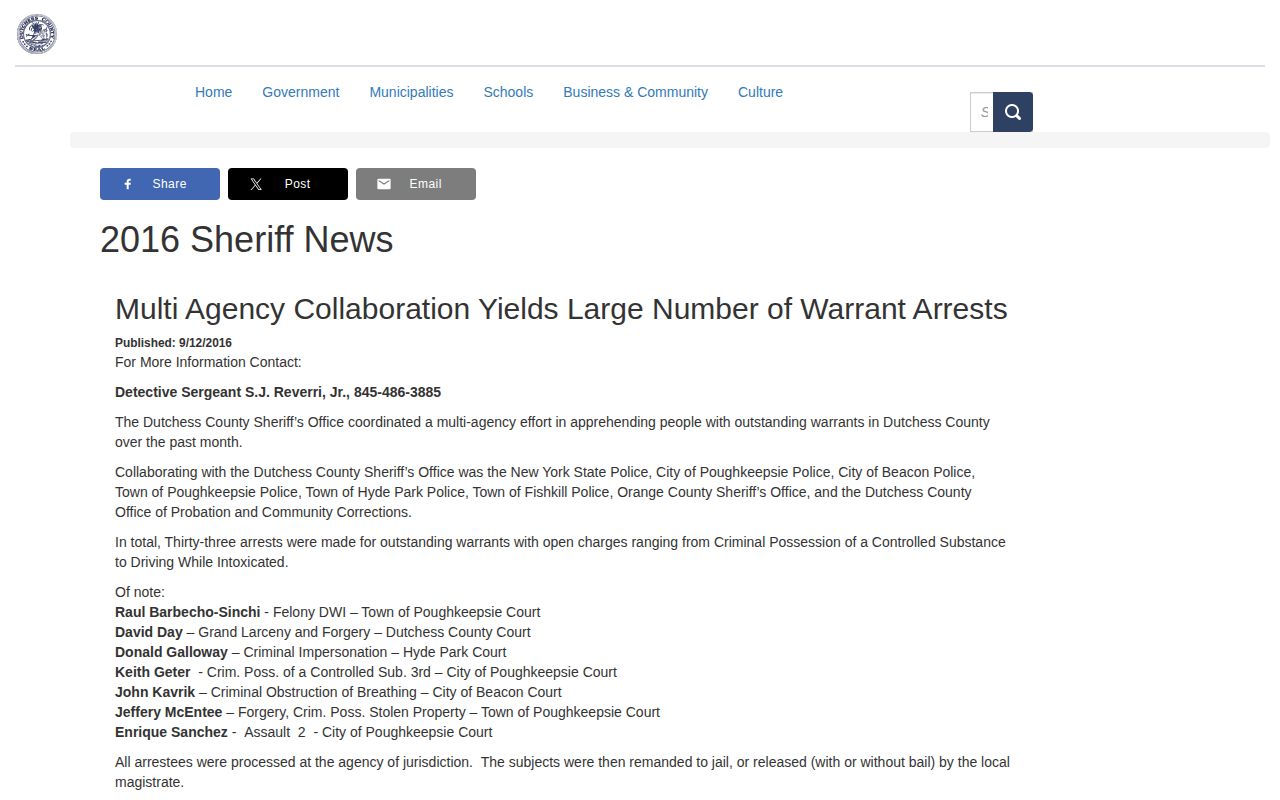 Dutchess County historical warrant-operation record from the Sheriff’s Office